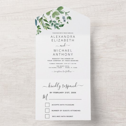 Budget botanische Greenery Wedding All In One Uitnodiging (Binnen)