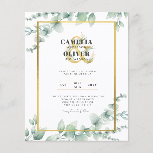 Budget Botanische Groene Goud Bruiloft Uitnodiging (Voorkant)