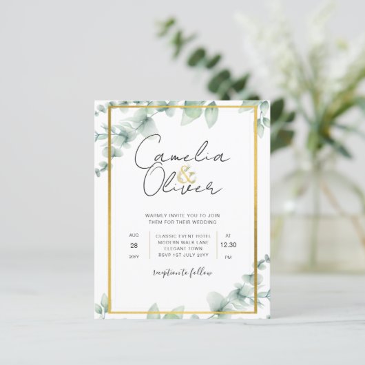 Budget Botanische Groene Goud Bruiloft Uitnodiging (Staand voorkant)