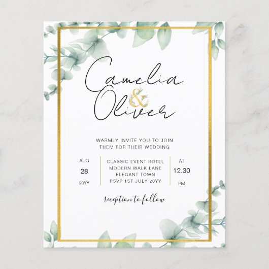 Budget Botanische Groene Goud Bruiloft Uitnodiging (Voorkant)