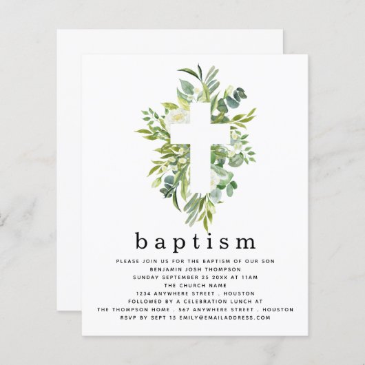 Budget Botanische Leaves Cross-Baptism Uitnodiging (Voorkant / Achterkant)