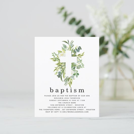 Budget Botanische Leaves Cross-Baptism Uitnodiging (Staand voorkant)