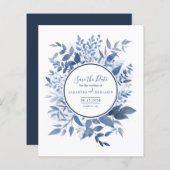 Budget botanische olievlek Navy Blue Save the Date (Voorkant / Achterkant)