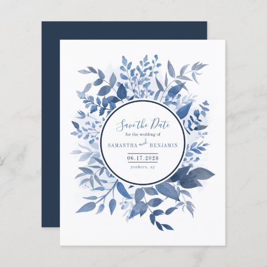 Budget botanische olievlek Navy Blue Save the Date (Voorkant / Achterkant)