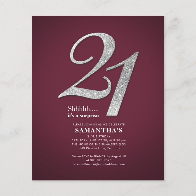 Budget Bourgogne 21e verjaardag Sliver Glitter Gla (Voorkant)