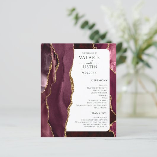 Budget Bourgogne Agate Gold Glitter Weddenprogramm (Staand voorkant)