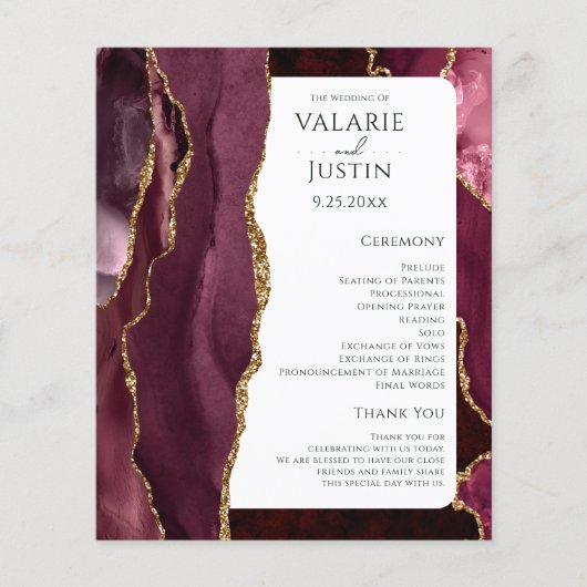 Budget Bourgogne Agate Gold Glitter Weddenprogramm (Voorkant)