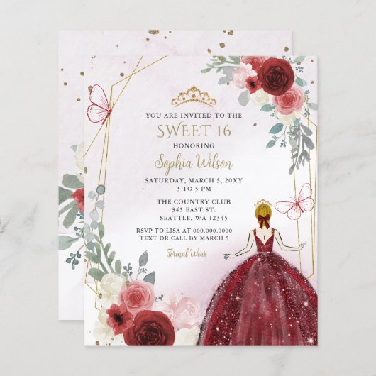 Budget Bourgogne Bloemen Prinses Sweet 16 Invite (Voorkant / Achterkant)