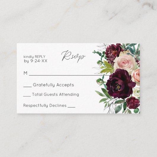 Budget Bourgogne & Blush Floral 3SM No Meal RSVP Informatiekaartje (Voorkant)