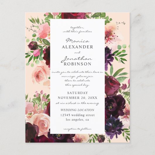 Budget Bourgogne & Blush Floral Weddenschap op Roz Flyer (Voorkant)