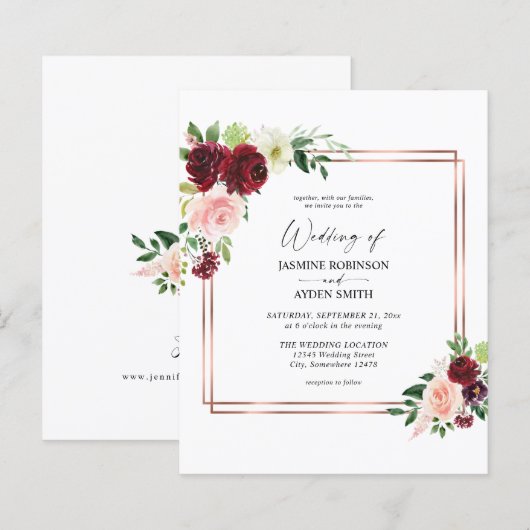 Budget Bourgogne & Blush Pink 4 Floral Gold Weddin (Voorkant / Achterkant)