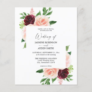 Budget Bourgogne & Blush Pink 4 Floral Wedding Flyer