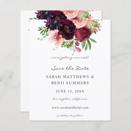 Budget Bourgogne & Blush Pink Floral Save the Date (Voorkant / Achterkant)