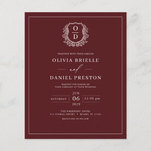 Budget Bourgogne Crest Elegante Huwelijksuitnodigi Flyer (Voorkant)