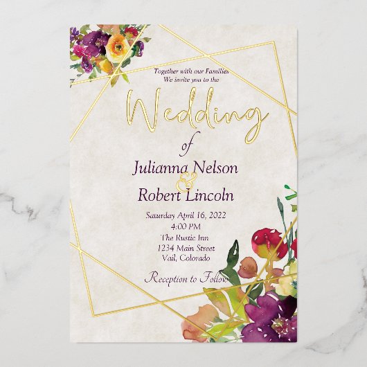 Budget Bourgogne en gele bloem Folie Uitnodiging (Voorkant)