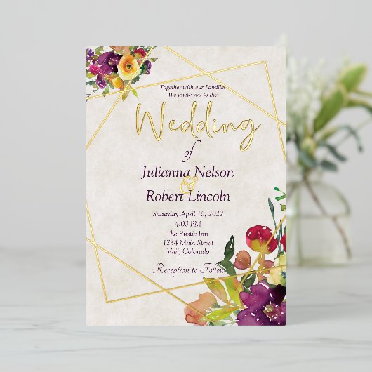 Budget Bourgogne en gele bloem Folie Uitnodiging (Staand Voorkant)