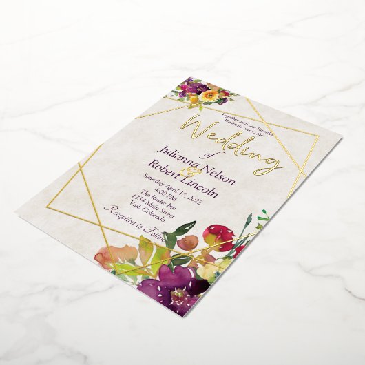 Budget Bourgogne en gele bloem Folie Uitnodiging (Gedraaid)