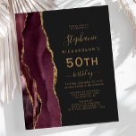 Budget Bourgogne Gold Agaat Dark 50th Birthday<br><div class="desc">De linkerrand van deze elegante 50e verjaardagsfeestuitnodiging is voorzien van een bordeauxrode waterverf agaatrand met goudkleurige faux glitter. De aanpasbare tekst combineert goudkleurig handschrift,  koperplaat en cursieve lettertypen op een leisteen zwarte achtergrond. De achterkant heeft een bijpassend bordeauxrood en gouden agaat ontwerp.</div>