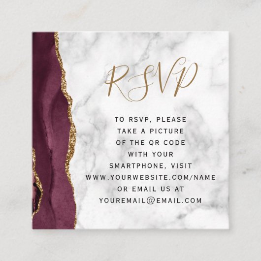 Budget Bourgogne Gold Agate Marble QR Code RSVP Informatiekaartje (Voorkant)