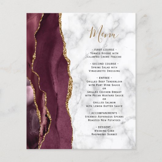 Budget Bourgogne Gold Agate Marble Wedding Menu (Voorkant)