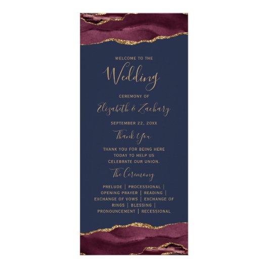 Budget Bourgogne Gold Agate Navy Wedding Programme Reclamekaart (Voorkant)