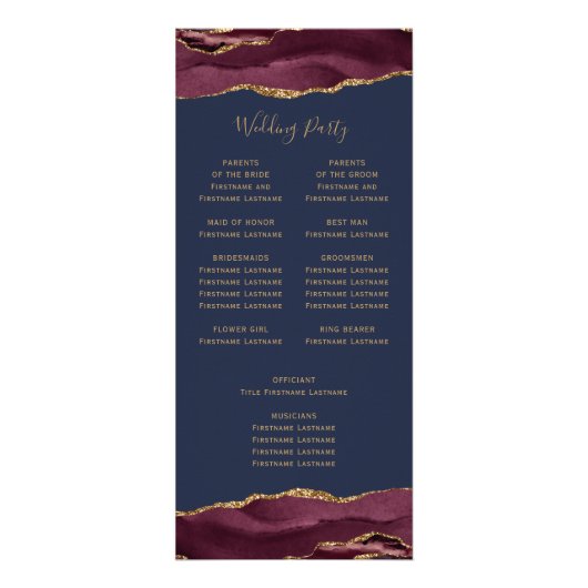Budget Bourgogne Gold Agate Navy Wedding Programme Reclamekaart (Achterkant)