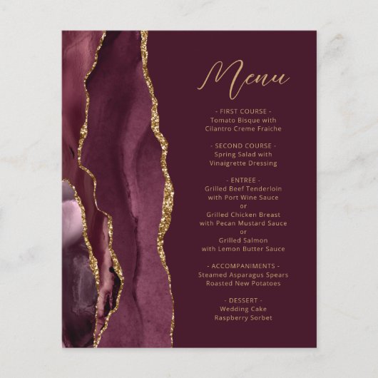 Budget Bourgogne Gold Agate Script Wedding Menu (Voorkant)