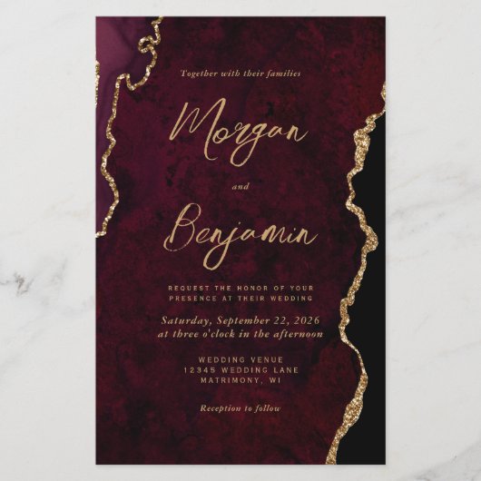 Budget Bourgogne Gold Agate Script Weduwen Invite (Voorkant)