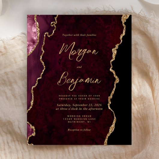 Budget Bourgogne Gold Agate Script Weduwen Invite