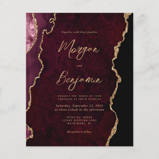 Budget Bourgogne Gold Agate Script Weduwen Invite (Voorkant)