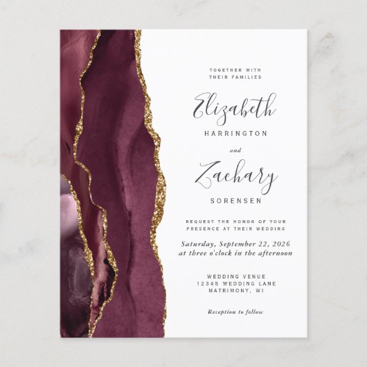 Budget Bourgogne Gold Agate Wedding Invitation (Voorkant)