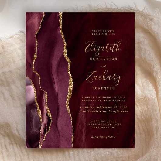 Budget Bourgogne Gold Agate Wedding Invitation