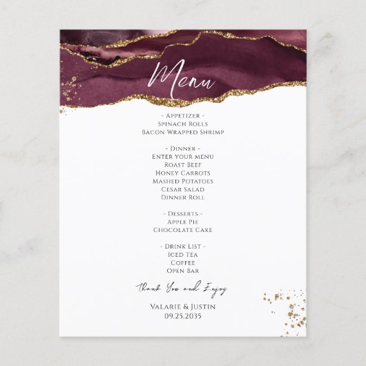 Budget Bourgogne Gold Glitter Marble Wedding Menu (Voorkant)