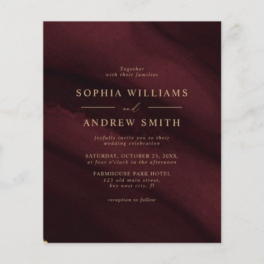 BUDGET Bourgogne & Gold Minimal Weddenschap-uitnod (Voorkant)