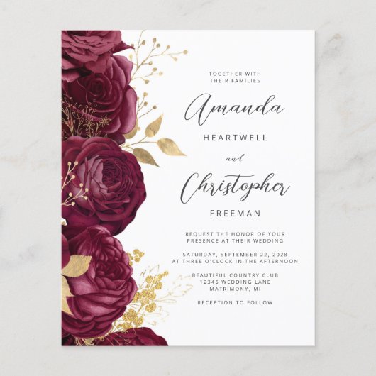 Budget Bourgogne Goud Bloemen QR Code Huwelijksuit (Voorkant)