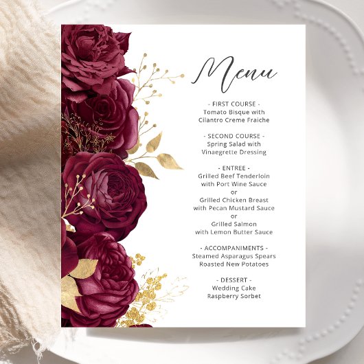 Budget Bourgogne Goud Bloemen Script Bruiloft Menu