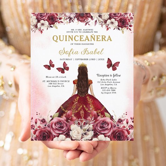Budget Bourgogne Goud Tweetalig Spaans Quinceanera Flyer