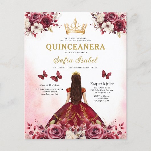 Budget Bourgogne Goud Tweetalig Spaans Quinceanera Flyer (Voorkant)