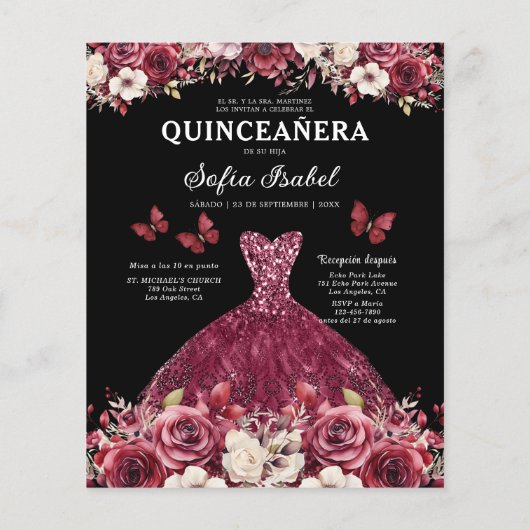 Budget Bourgogne Goud Tweetalig Spaans Quinceanera Flyer (Achterkant)