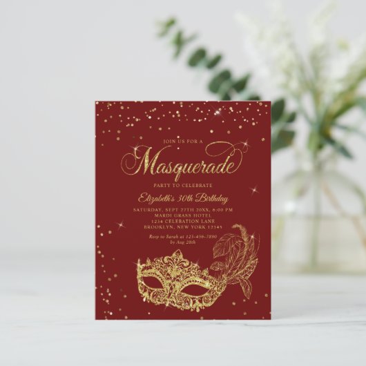 BUDGET Bourgogne Gouden Glitter Masquerade Verjaar (Staand voorkant)