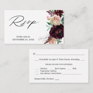Budget Bourgogne & Light Pink Floral 2SM Meal RSVP Informatiekaartje