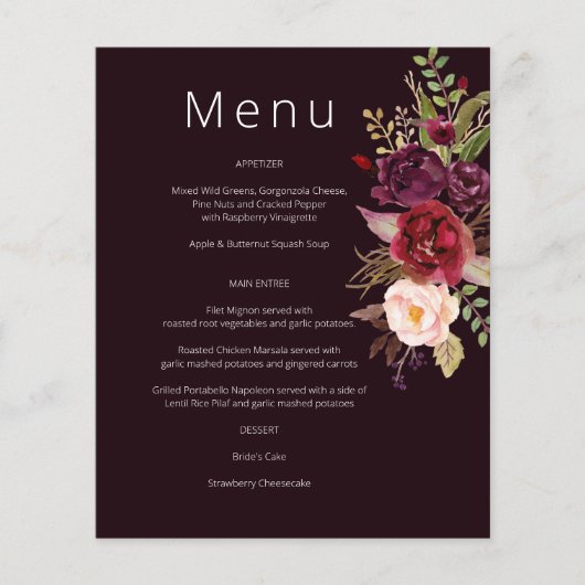 Budget Bourgogne Marsala & Pink Floral Menu- Burg  Flyer (Voorkant)
