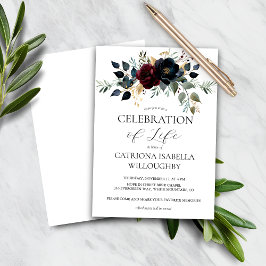 Budget Bourgogne Navy Floral Memorial Uitnodiging