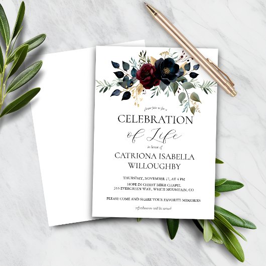 Budget Bourgogne Navy Floral Memorial Uitnodiging