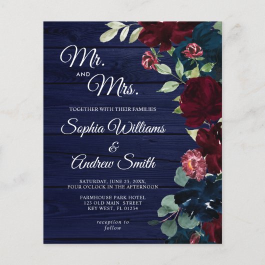 Budget Bourgogne & Navy Wood bruiloft uitnodiging (Voorkant)