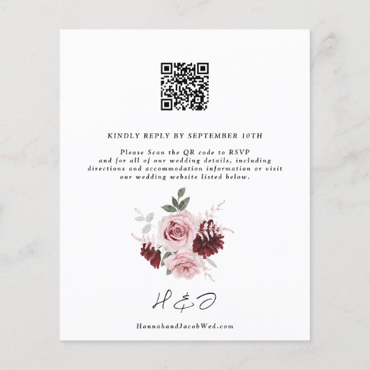 Budget Bourgogne Pink Floral QR Code Weddenschap U (Achterkant)