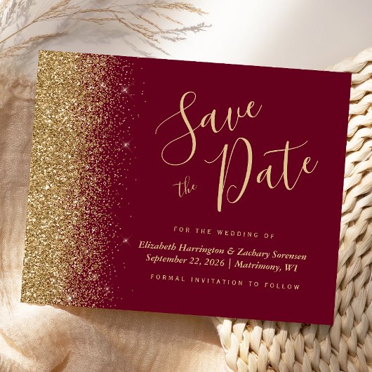 Budget Bourgogne Red Gold Glitter Save the Date