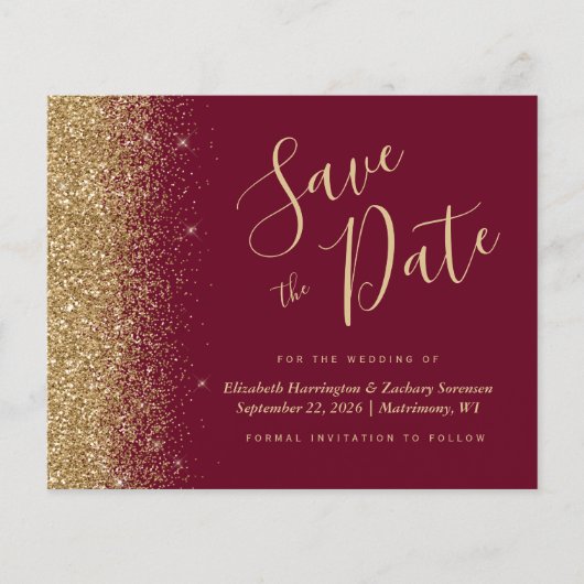 Budget Bourgogne Red Gold Glitter Save the Date (Voorkant)