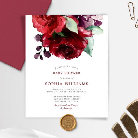 Budget Bourgogne Red Rose Baby shower Invitation