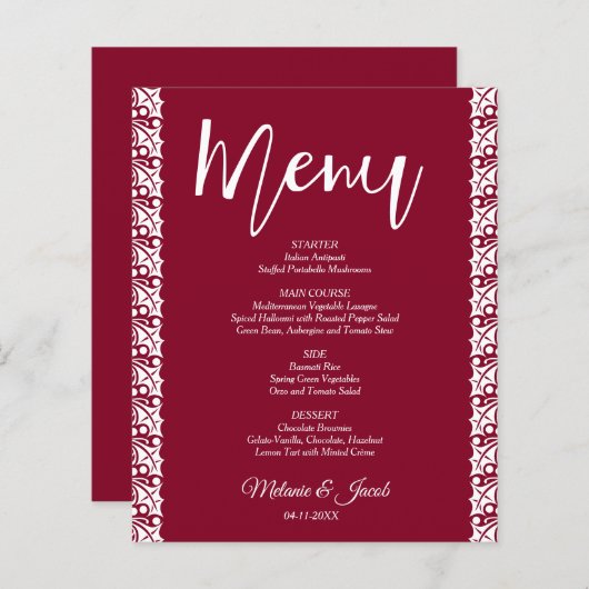 Budget Bourgogne Rood Elegant Bruiloft Menu (Voorkant / Achterkant)